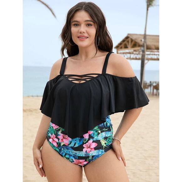 BloomChic Plus Size 3X Floral Crisscross Cold Shoulder One Piece Swim  duplicate - Picture 1 of 6